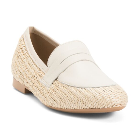 RICCARDO BOCCIA Made In Italy Leather And Raffia Penny Moccasin Flats - Picture 1 of 2